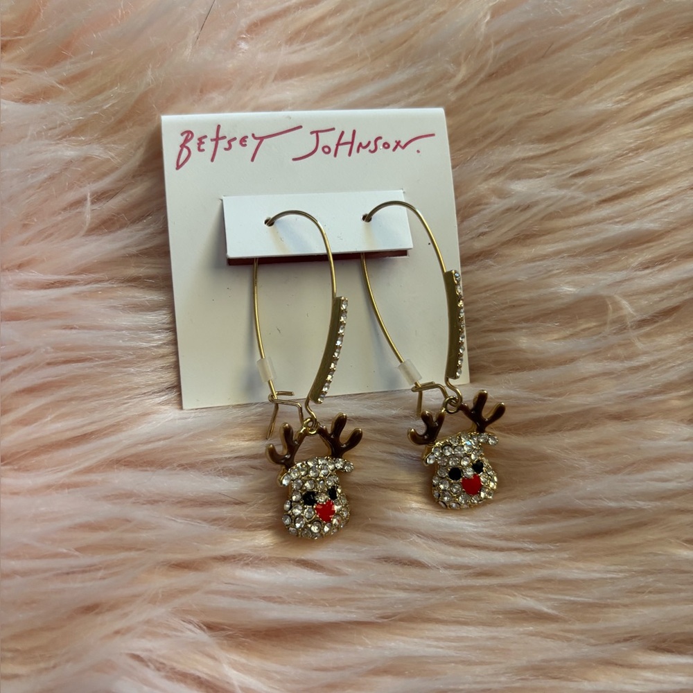 Betsey Johnson Gold-tone Hoop Earrings with Crystal Reindeer Charms